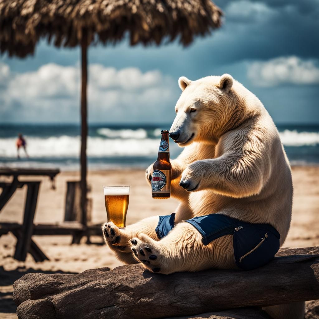 Hyperrealistic Ice Bear Drinks Beer on Beach
