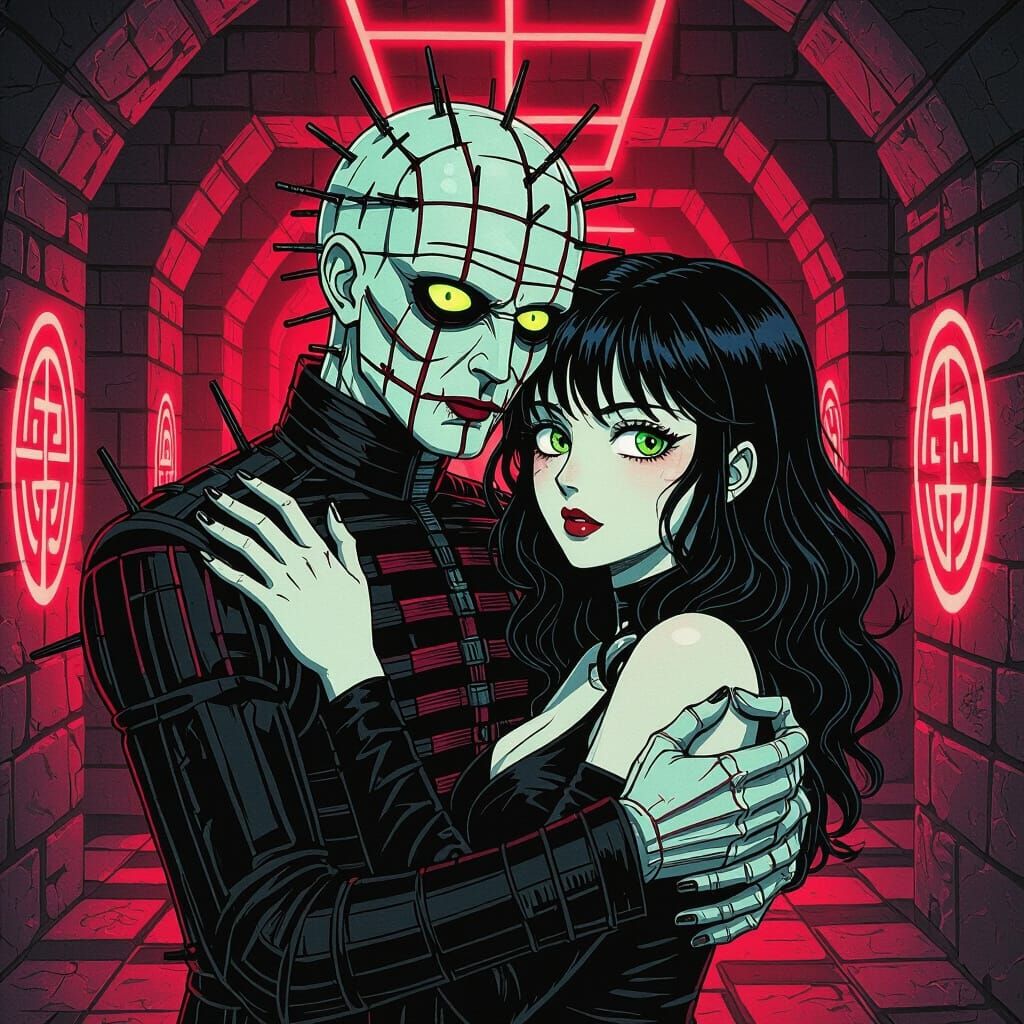 Horror Anime: Pinhead Embraces Woman in Creepy Labyrinth