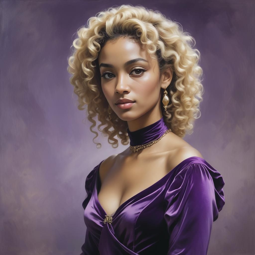Portrait of Woman in Purple Dress, Oil-Gouache Style