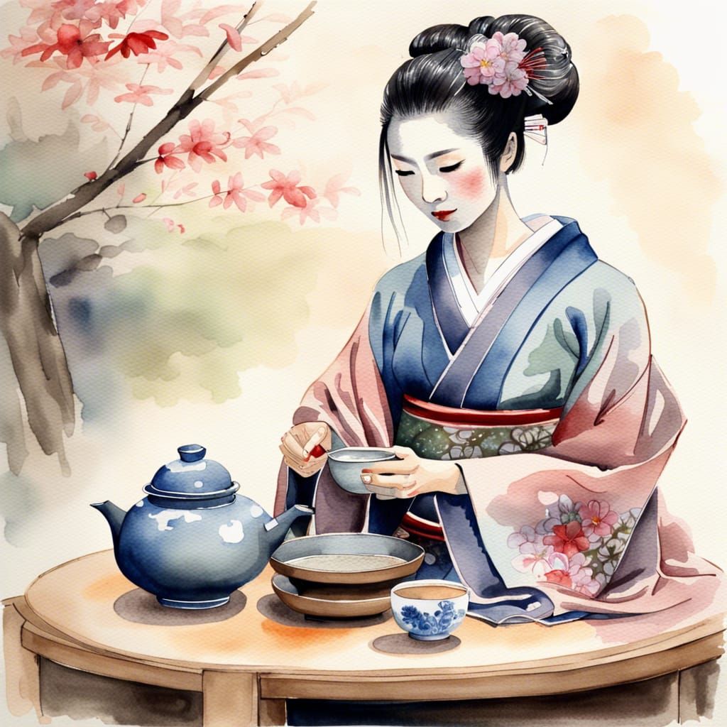 Beautiful Geisha Performing Tea Ceremony in Watercolor