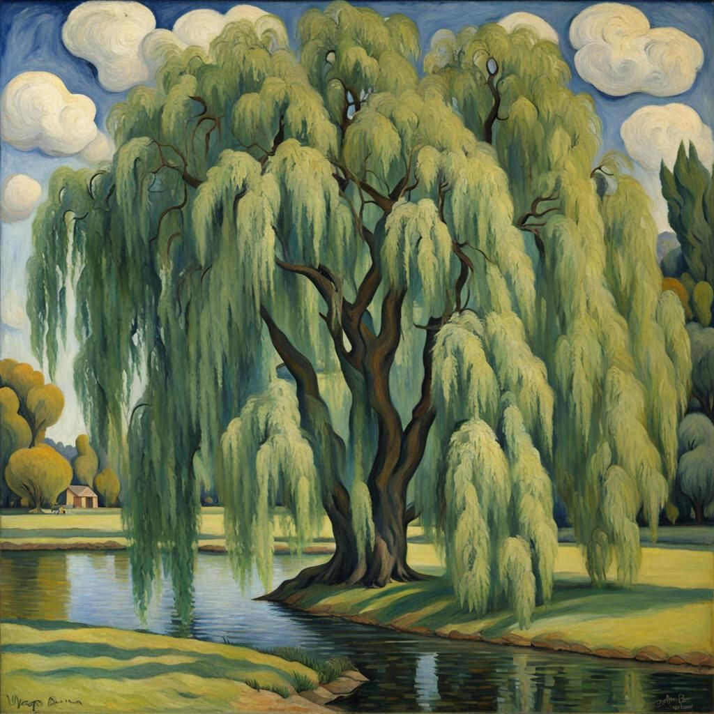 Weeping Willow Pond: Oil Painting in Rivera Style