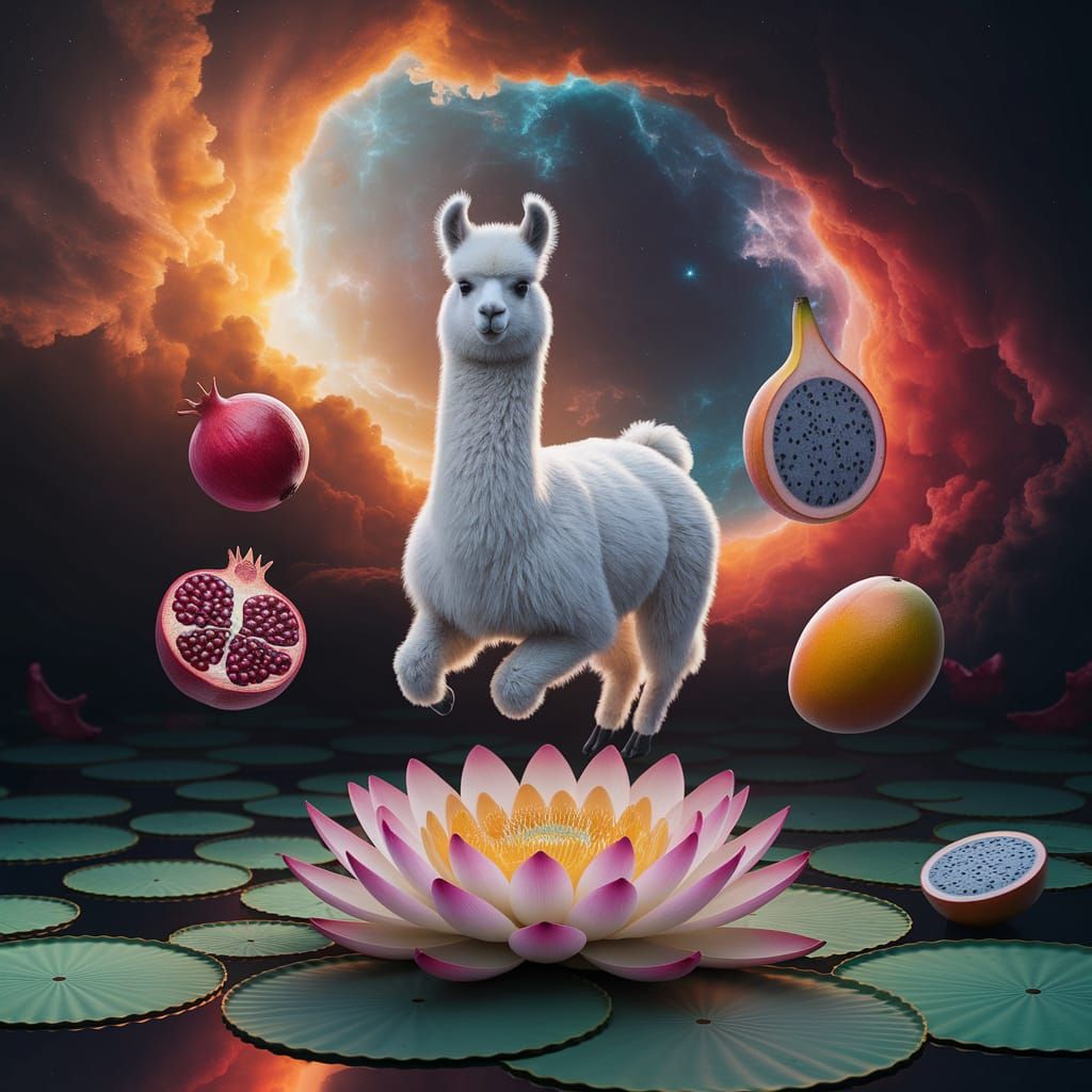 Yoga Llama Floating in a Cosmic Fantasy
