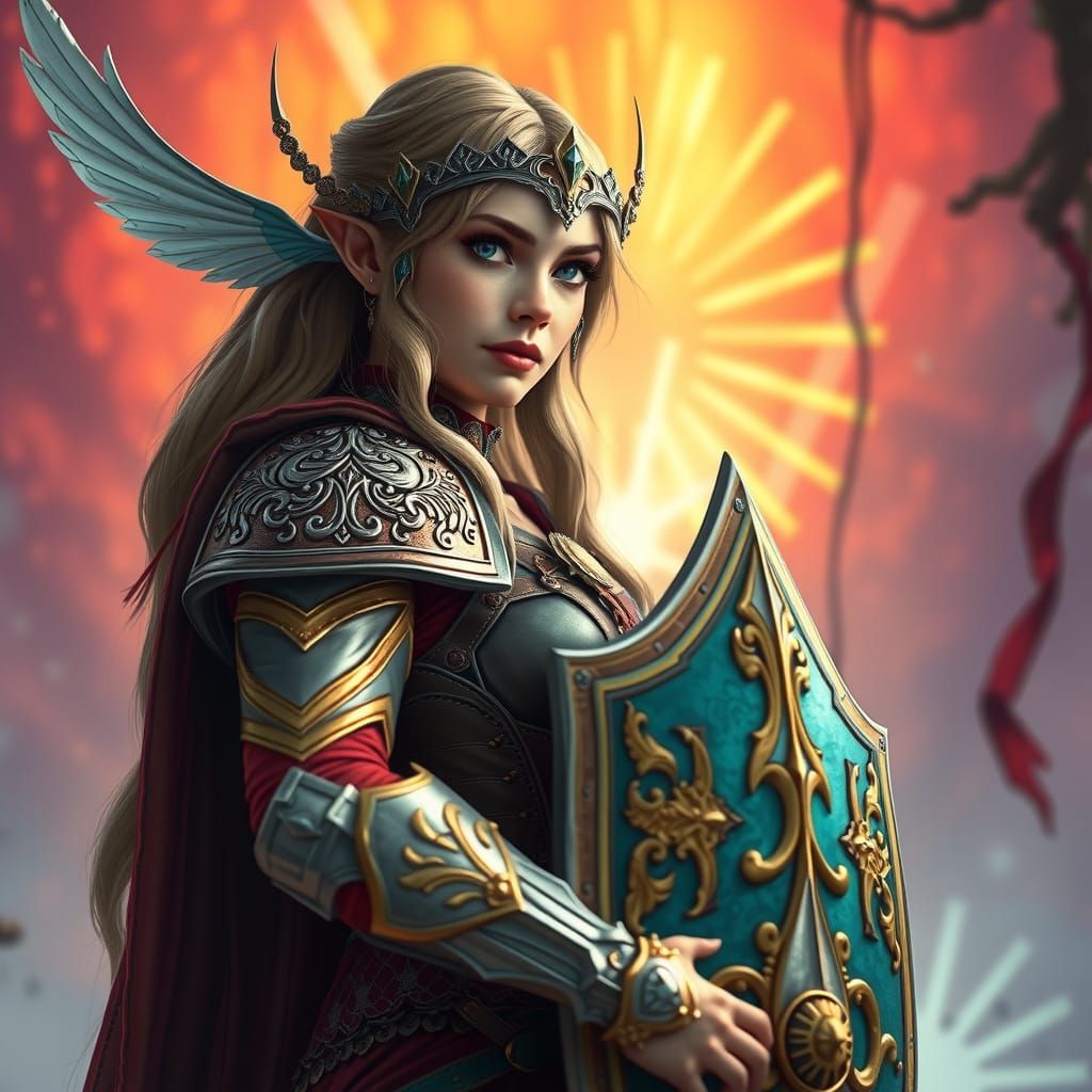 Majestic Elf Maiden in Ornate Armor, Shining Bright in Hyper...
