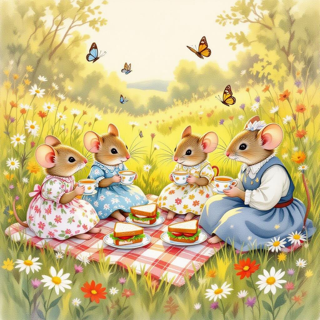 Mice Family Picnic in Wildflower Meadow, Watercolor Style