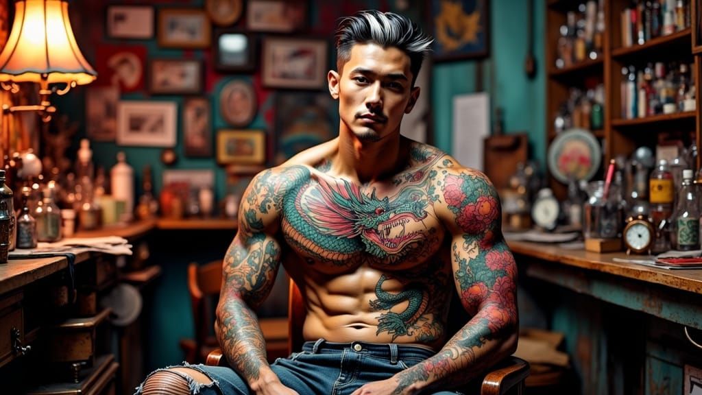 Confident Asian Male in a Vibrant Tattoo Parlor