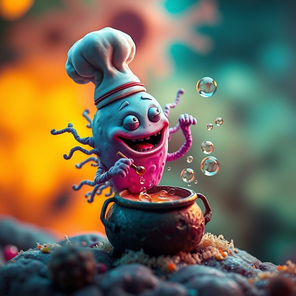 Jovial Bacterium Chef Cooks Flu Soup in Dust Mote Cauldron