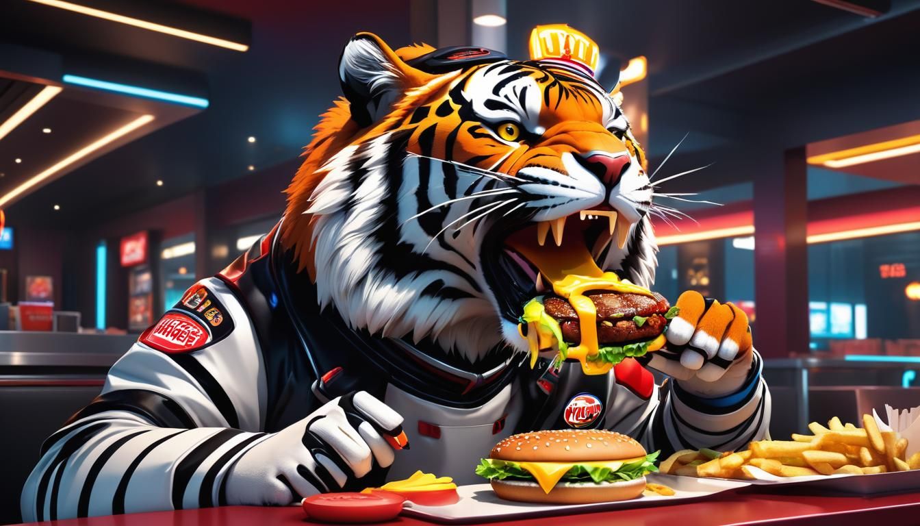 Anime Tiger Devours Burger in Futuristic Burger King