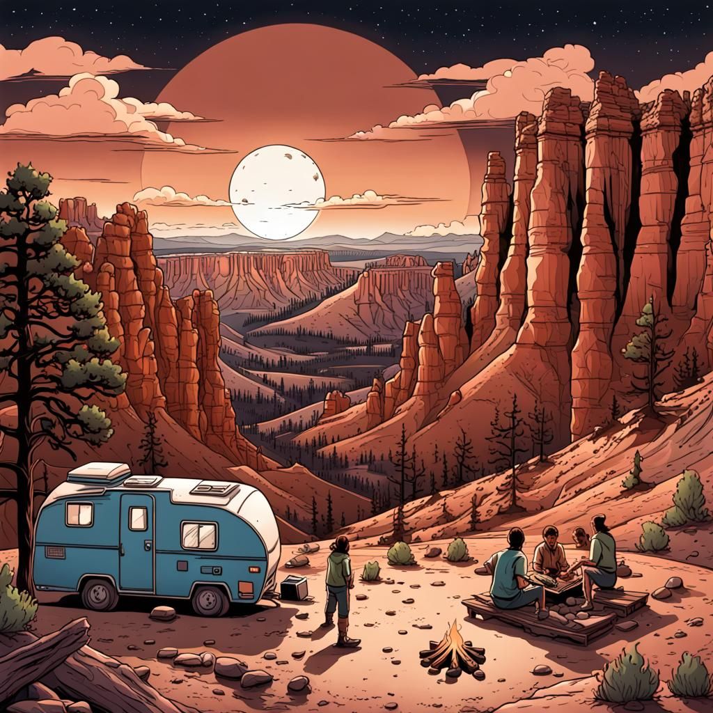 Bryce Canyon Campers Under Moonlight, Comic Book Art