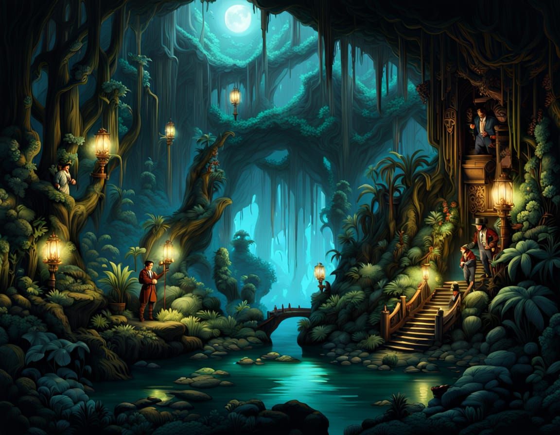 Steampunk Explorers Discover Grotto in Matte Painting