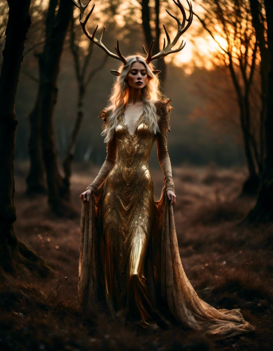 Art Nouveau Woman with Antlers in Forest