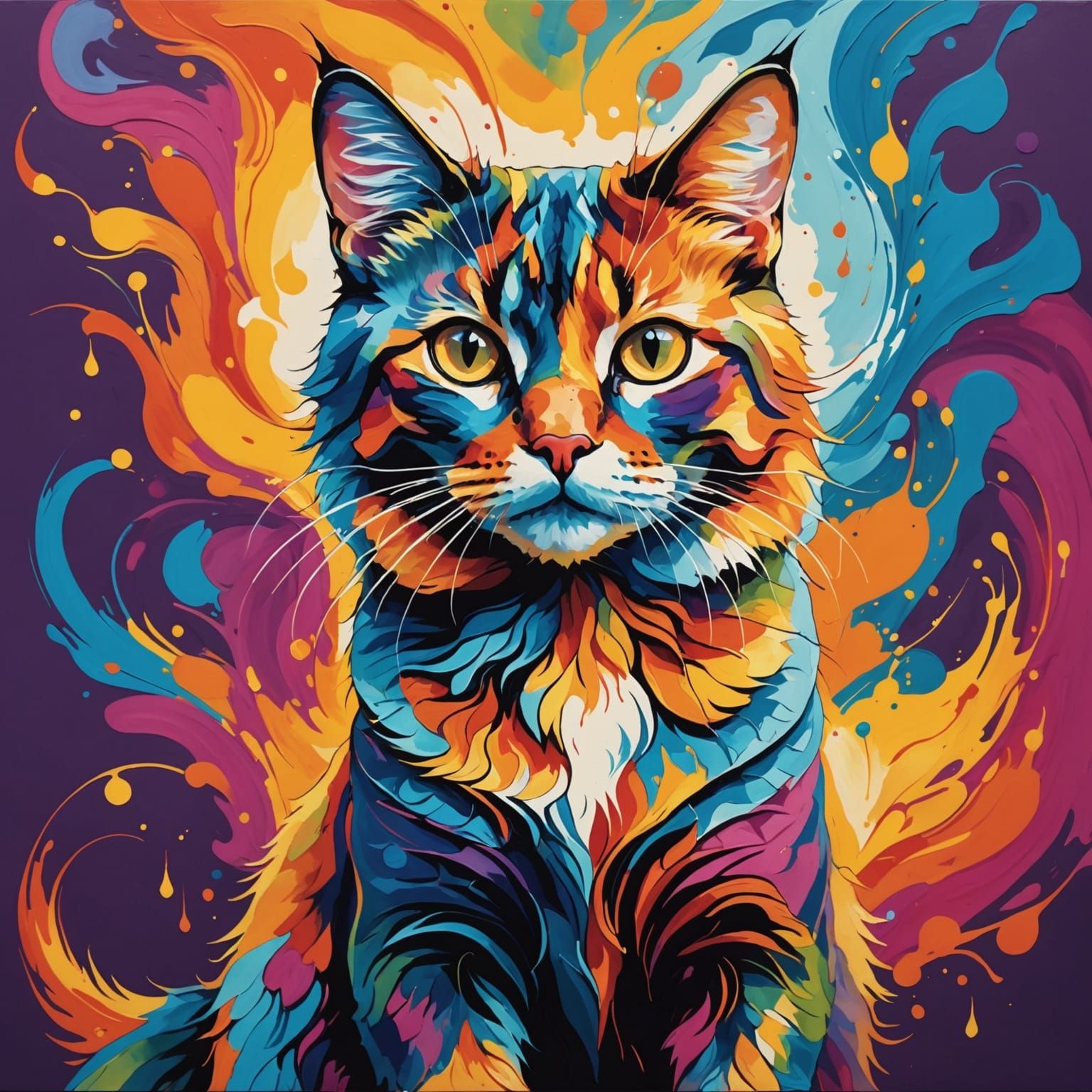 Abstract Cat of Flowing Colors: Painterly Dreamscape