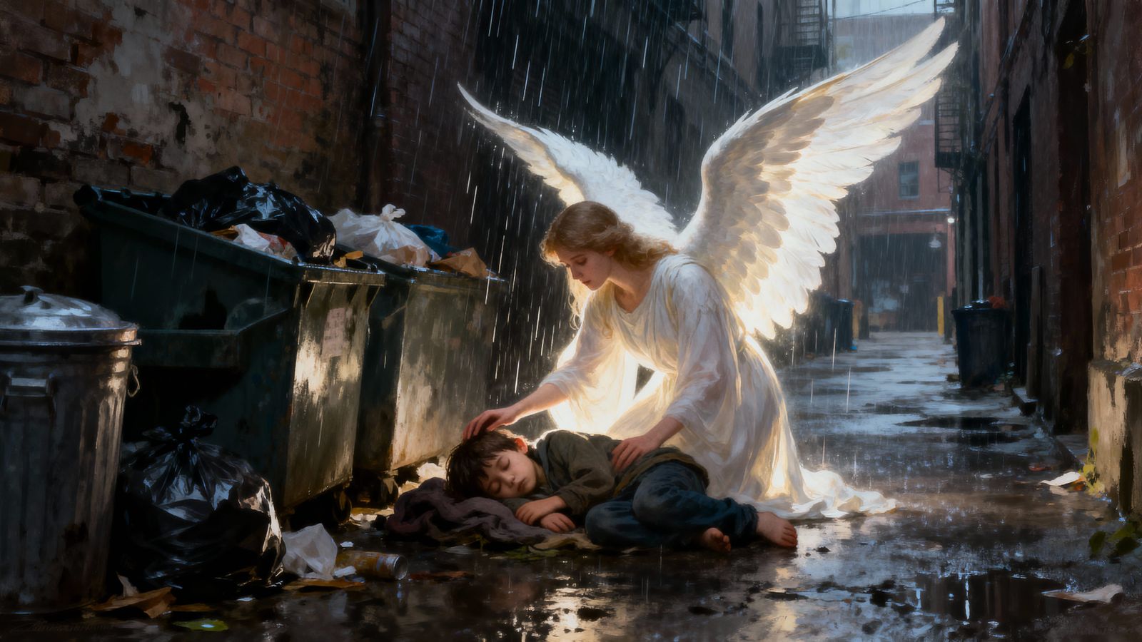 Angel Shelters Homeless Child in Inner City Alleyway