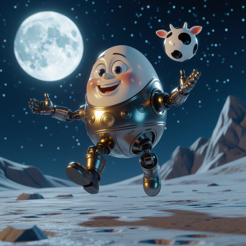 Sci-Fi Humpty Dumpty Juggles Cow Pat Over Futuristic Moon
