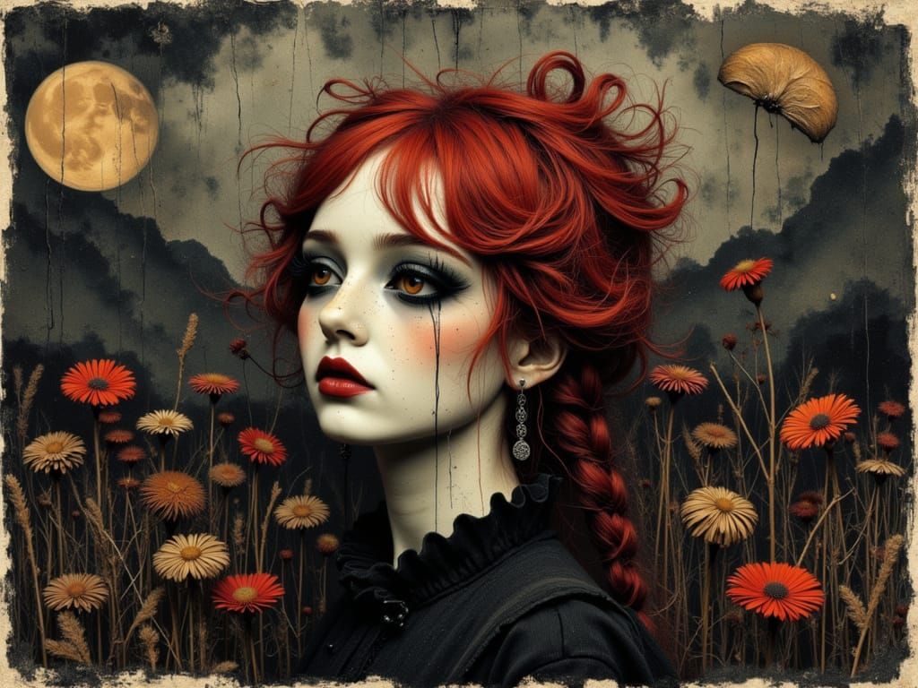 Gothic Woman with Red Hair in Moonlit Abstract Art