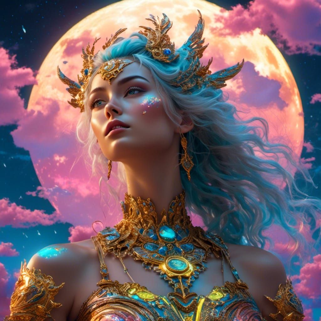 Neon Moon Goddess on Golden Chariot: 3D Render