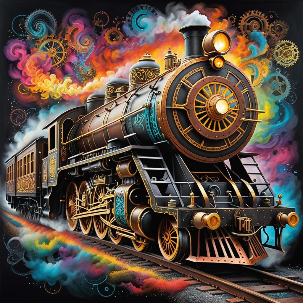 Abstract Steampunk Locomotive in Chalk Drawing Style