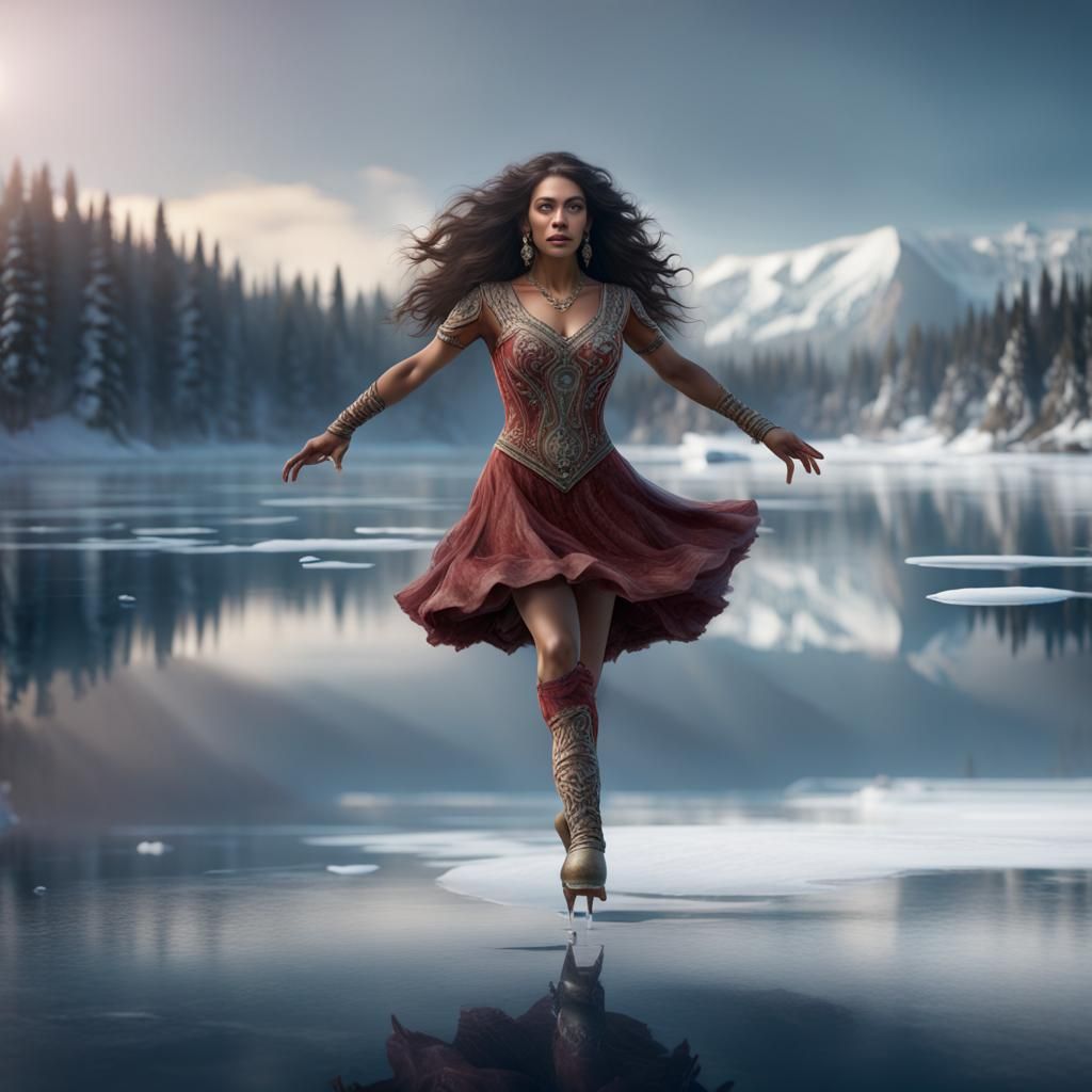 Amerindian Woman Figure Skating on Frozen Lake