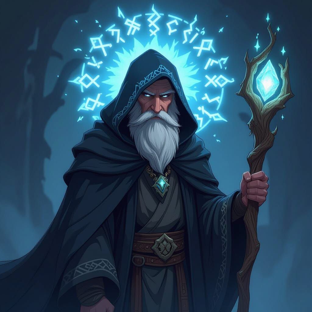 Wizard with Viking Runes and Magic Staff in Anime Style