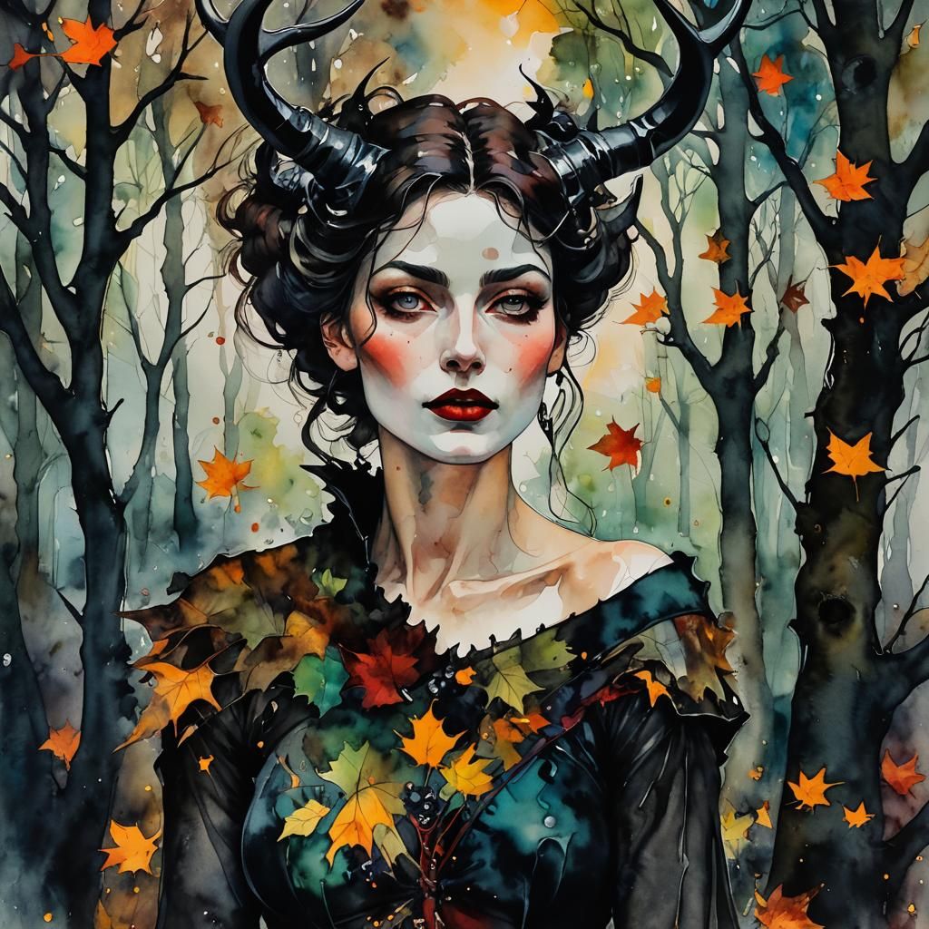 Grunge Beauty with Horns in Night Forest
