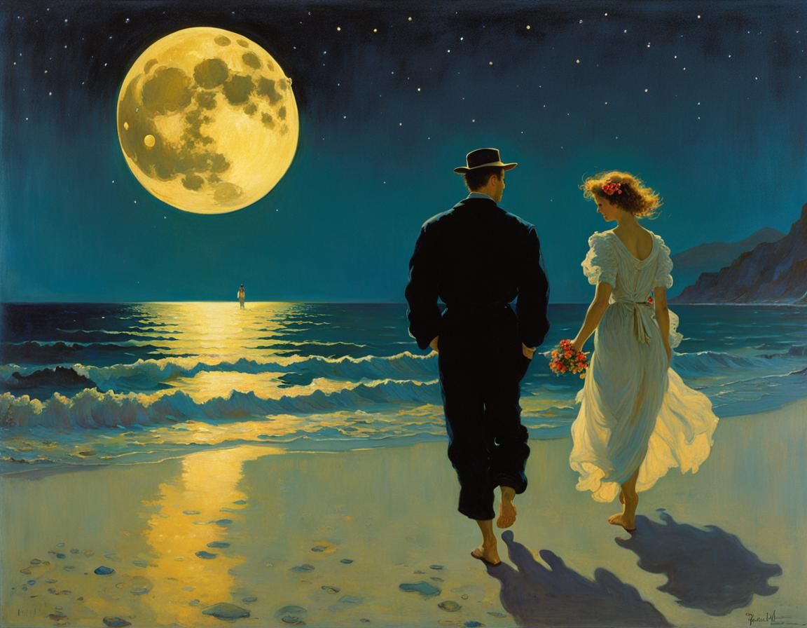 Romantic Beach Walk in Golden Age Illustration Style