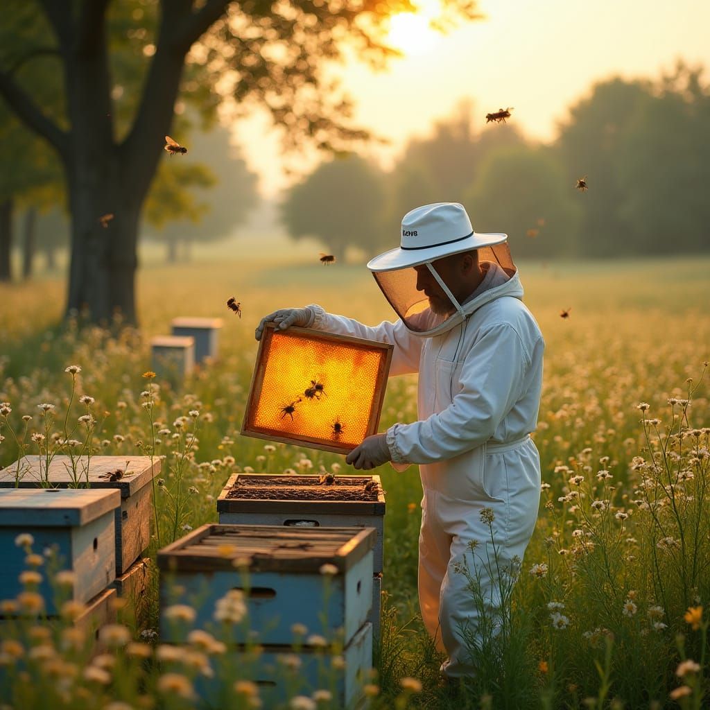 Golden Hour at the Bee Farm: Impressionistic Meadow Scene