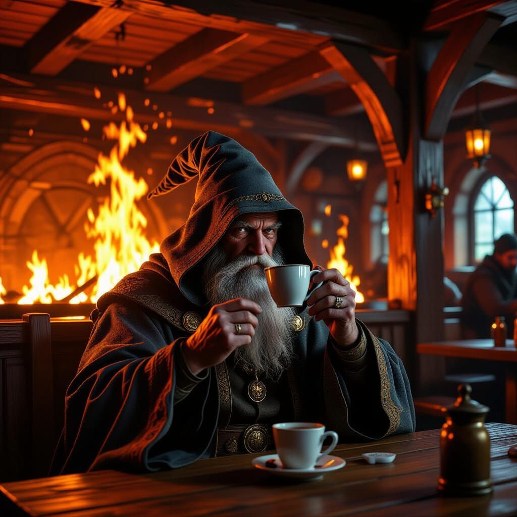 Wizard Sipping Coffee in Burning Tavern, Hyperrealistic Art