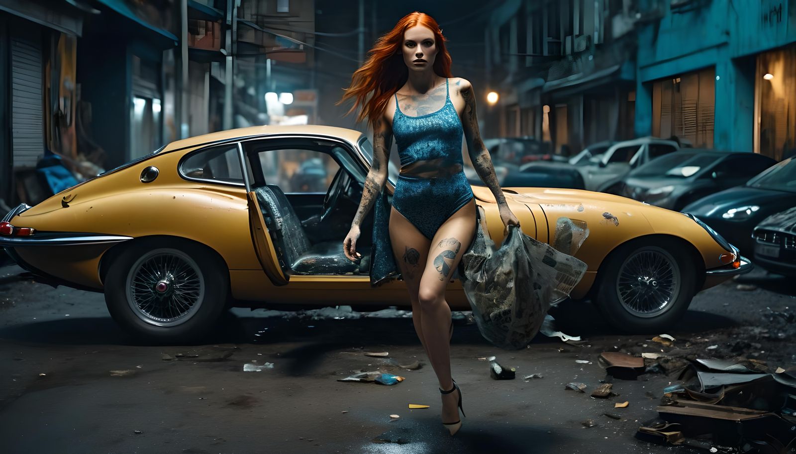 Redhead Jumps from Jaguar in Dystopian Cityscape