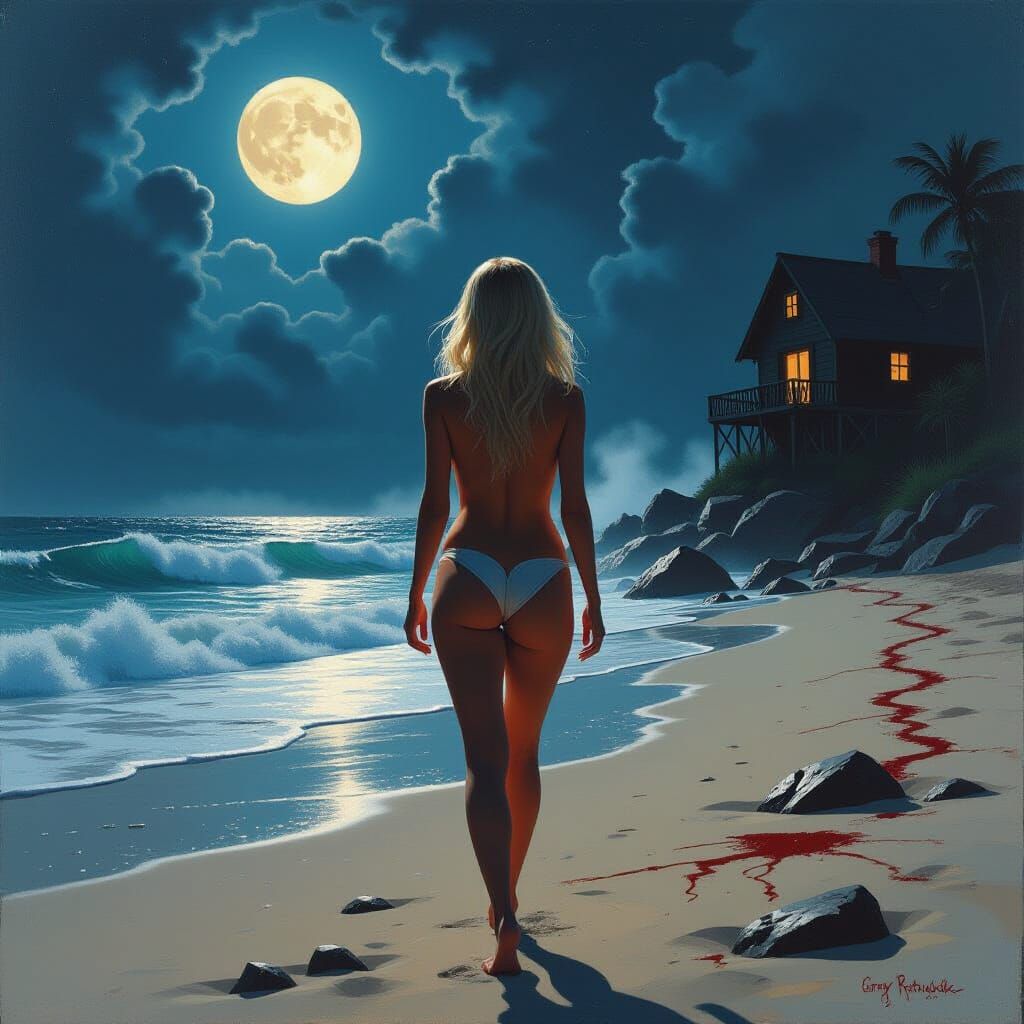 Creepy Dark Beach at Night with Bare Woman