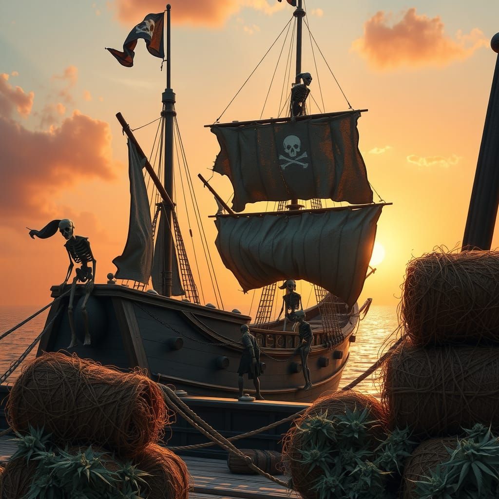 Pirate Skeleton Ship Sails into Sunset, Matte Painting