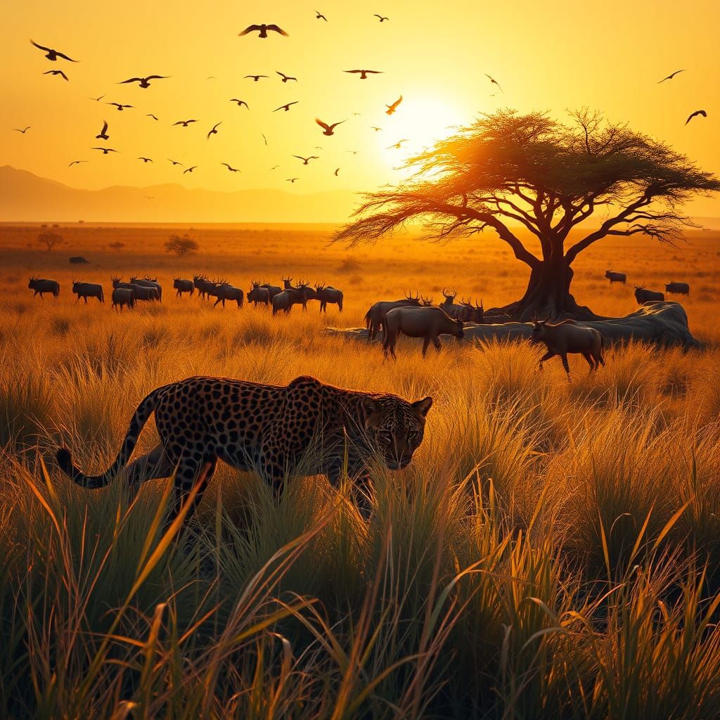 Jaguar Prowls Savanna at Dusk: Painterly Rendering