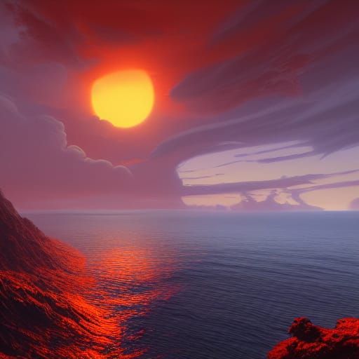 Orange Sky Above the Ocean in Fantasy Style