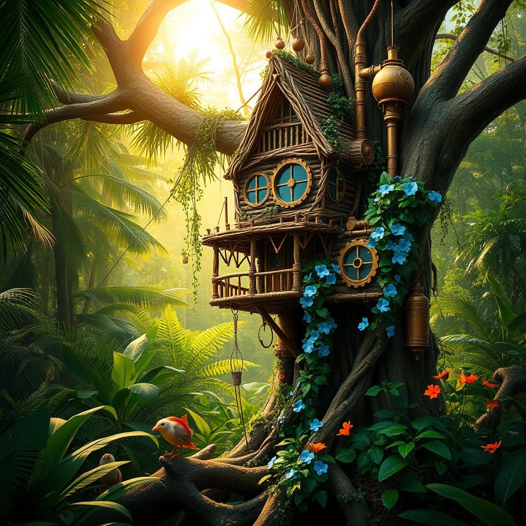 Mystical Amazon Rainforest with Steampunk Treehouse in Vibra...