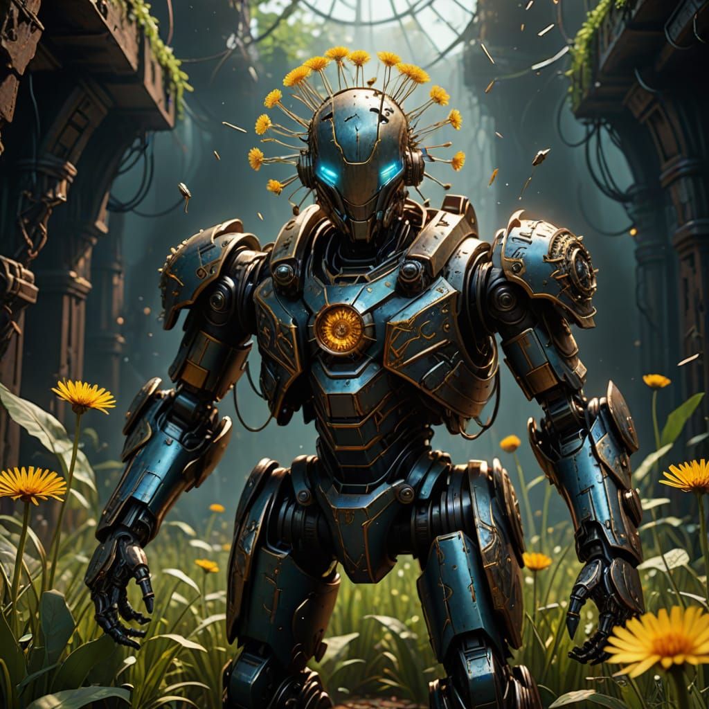 Dandelion's Dystopian Bloom: Robot Armor Close-Up