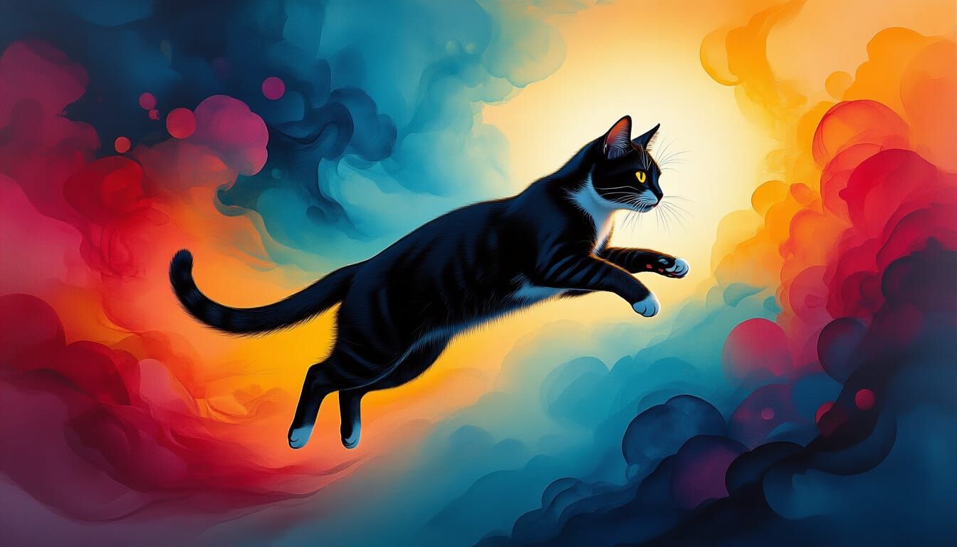 Dynamic Cat Leap in Abstract Surrealism