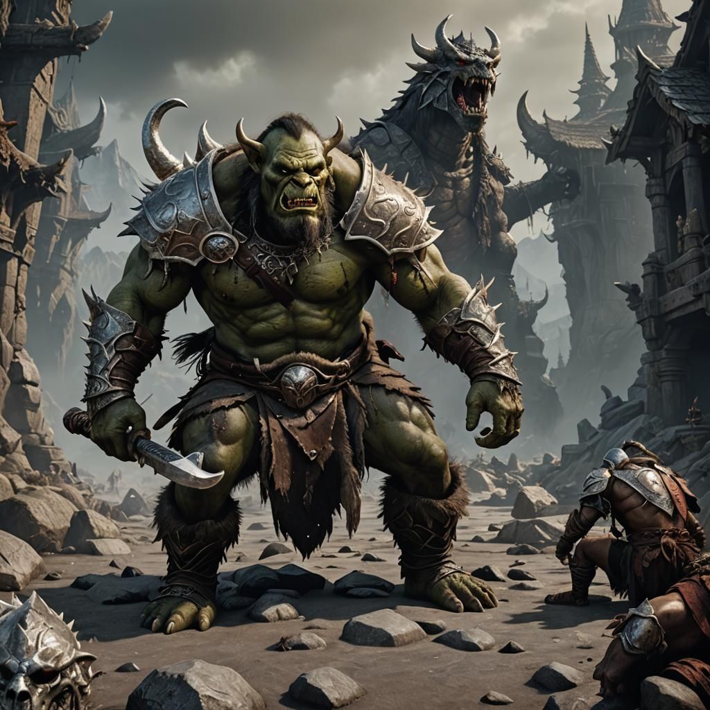 Triumphant Orc Over Dragonborn in Fantasy Art Style