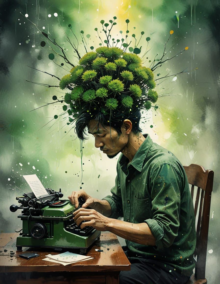 Surreal Bonsai Writer in Watercolor Style