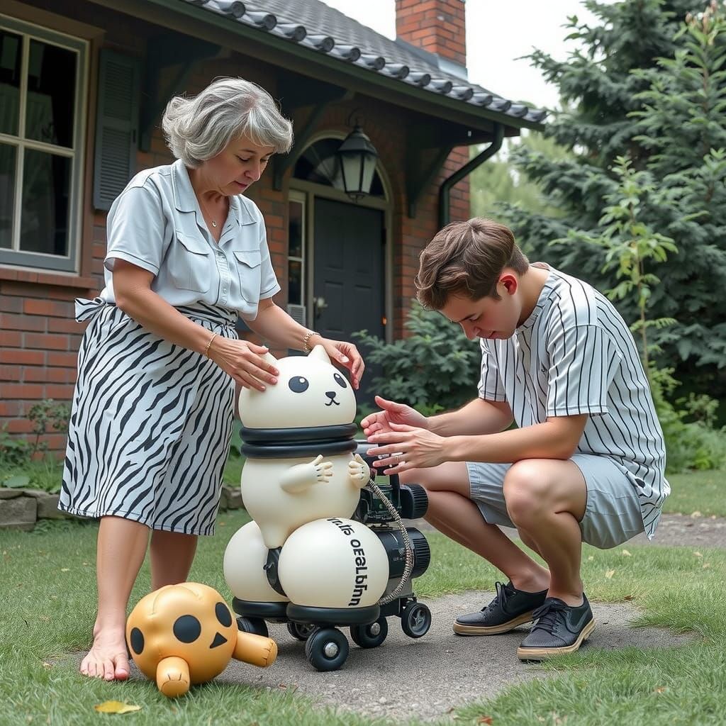 Balloon Art Figures in Surreal Forest, Linocut Style