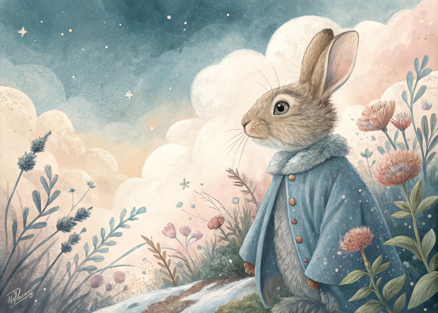 Dreamy Watercolour Scene in Beatrix Potter Style