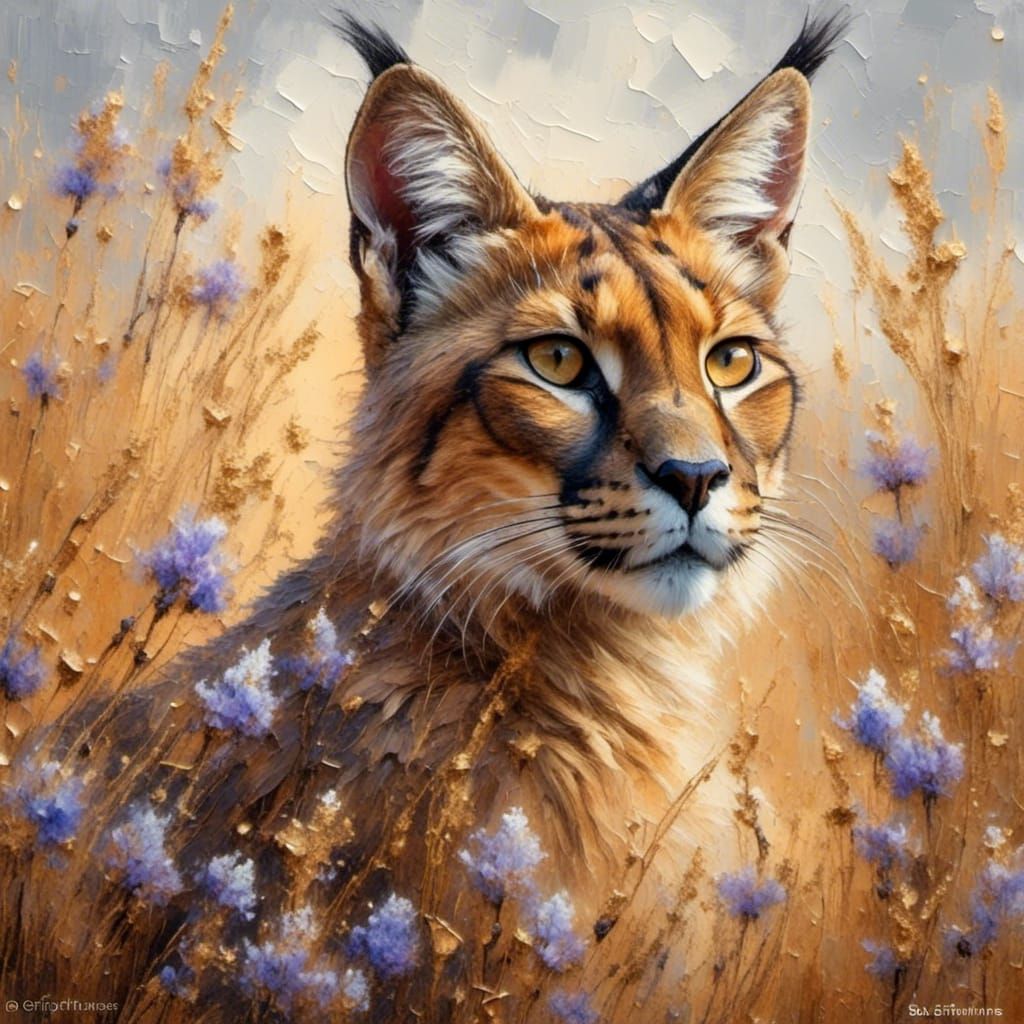 Caracal Portrait with Desert Flowers, Watercolor Style