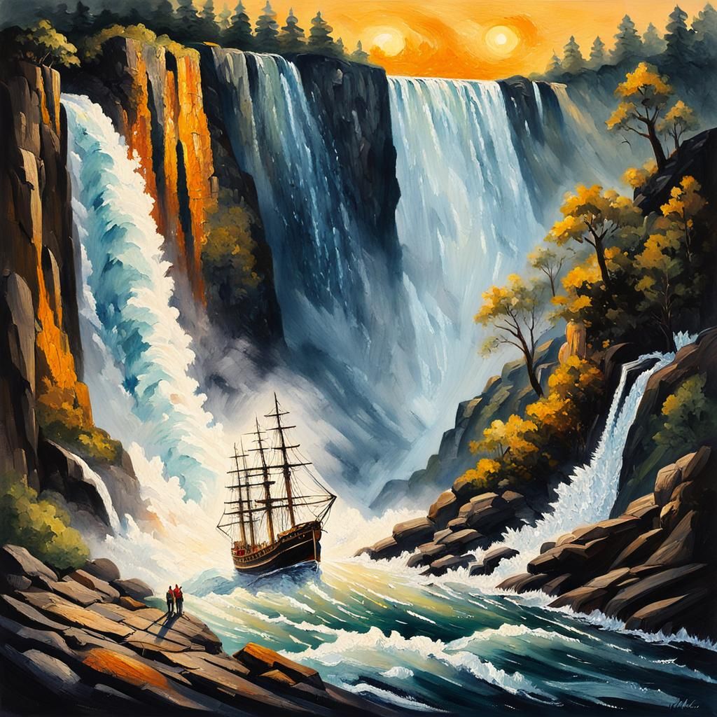 Turbulent Waterfall: Ship in Gouache Style