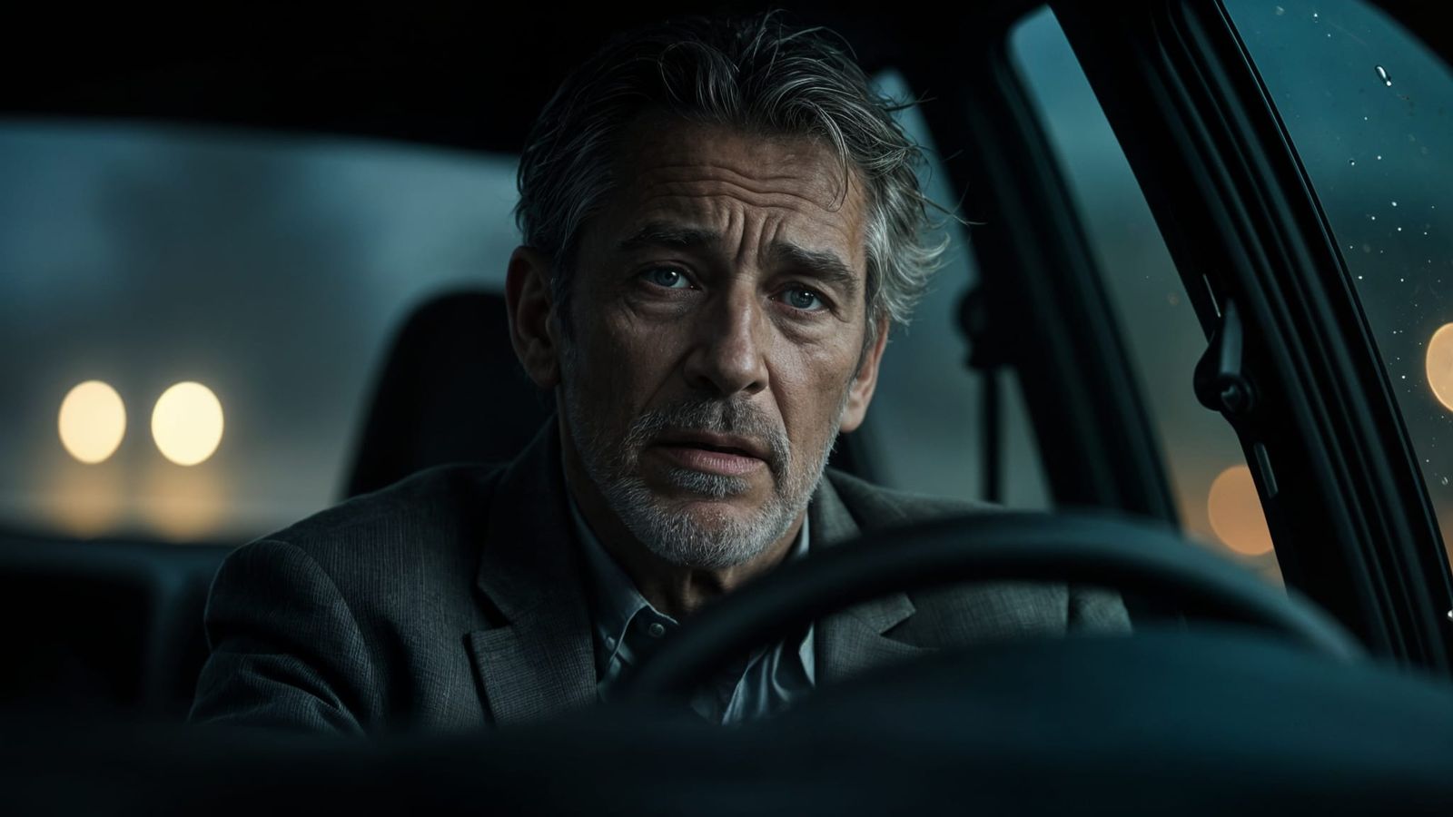 Distraught Man Driving, Cinematic Still