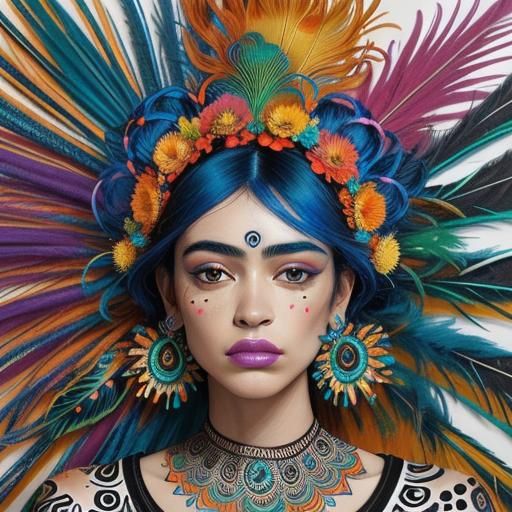 Abstract Expressionist Woman with Peacock Feathers Portrait