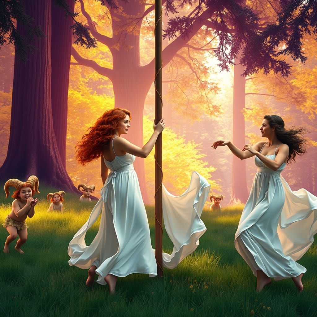 Three Nymph Maidens Dance Around a Vibrant Maypole in a Sunl...