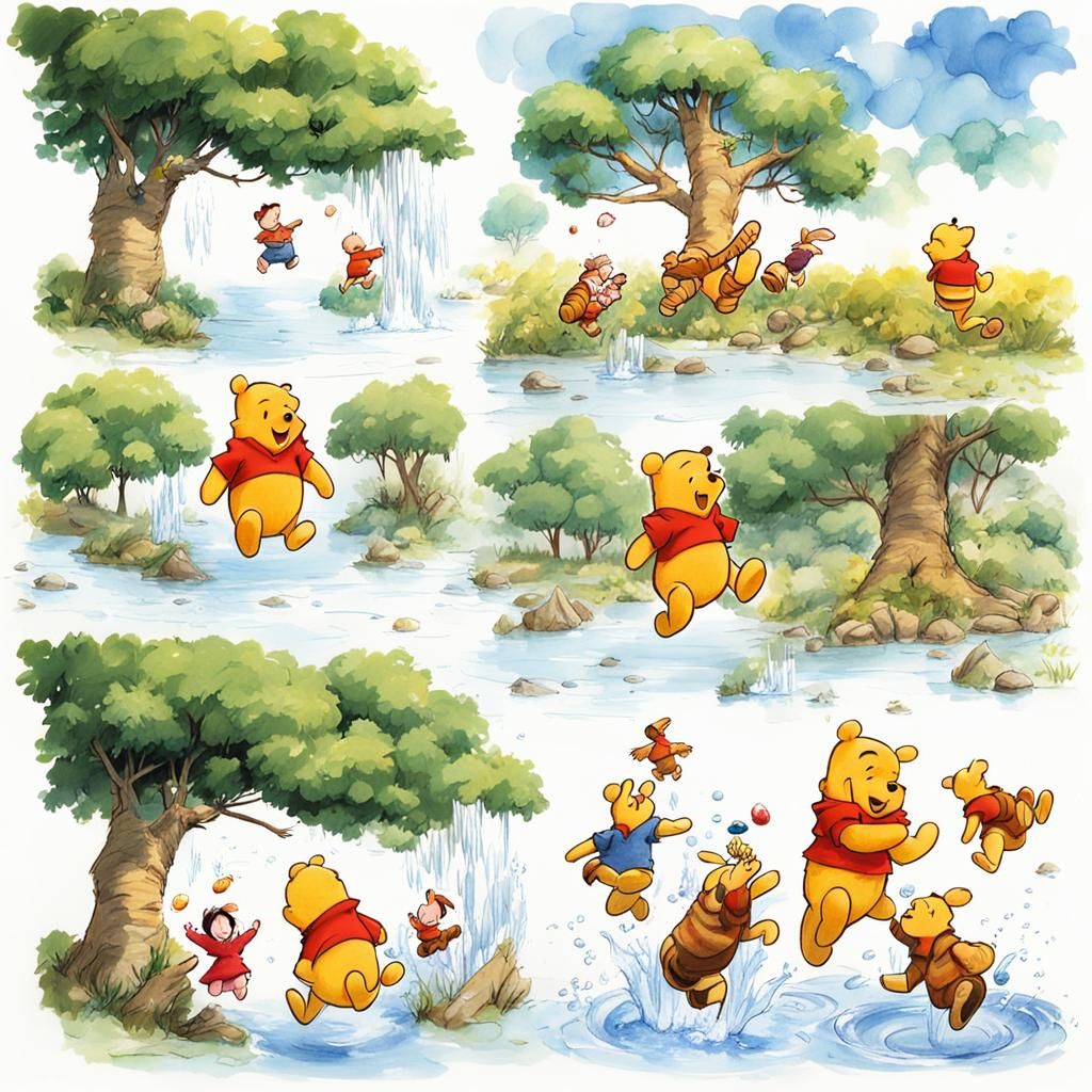 Four Happy Winnie the Pooh Sketches on a Vibrant White Backg...