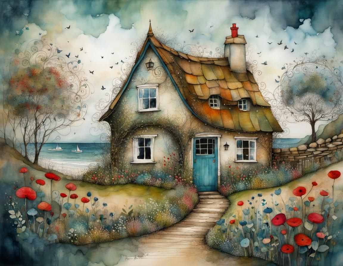Enchanted Cottage Overlooking the Sea in Folk Art Style