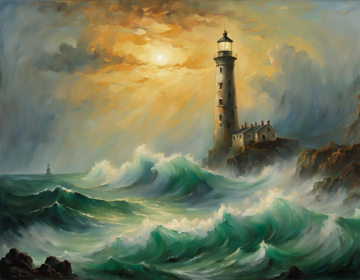 Weathered Lighthouse Stands Resolute Amidst Turbulent Sea