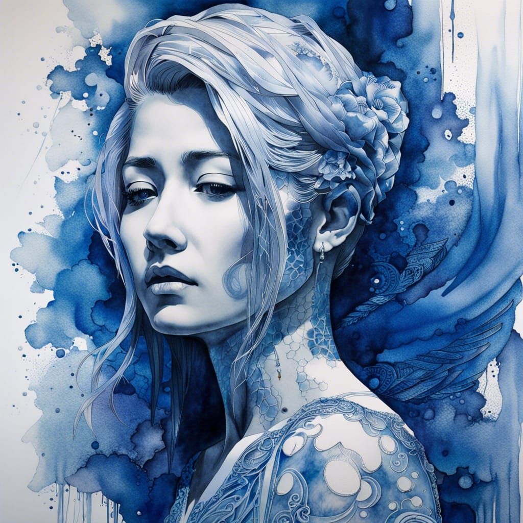 Sad Tattoo Model Sculpture in Watercolor Style