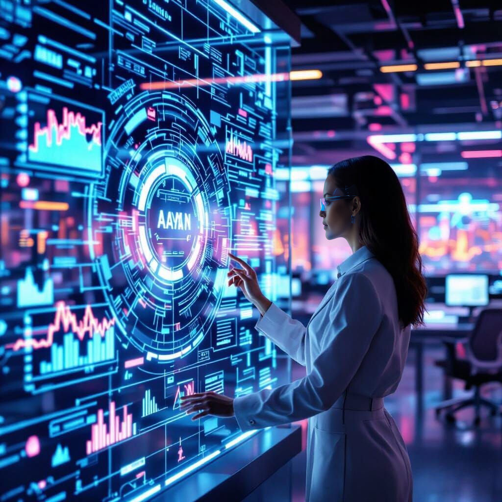 Futuristic Office with Holographic Charts & AI Interface