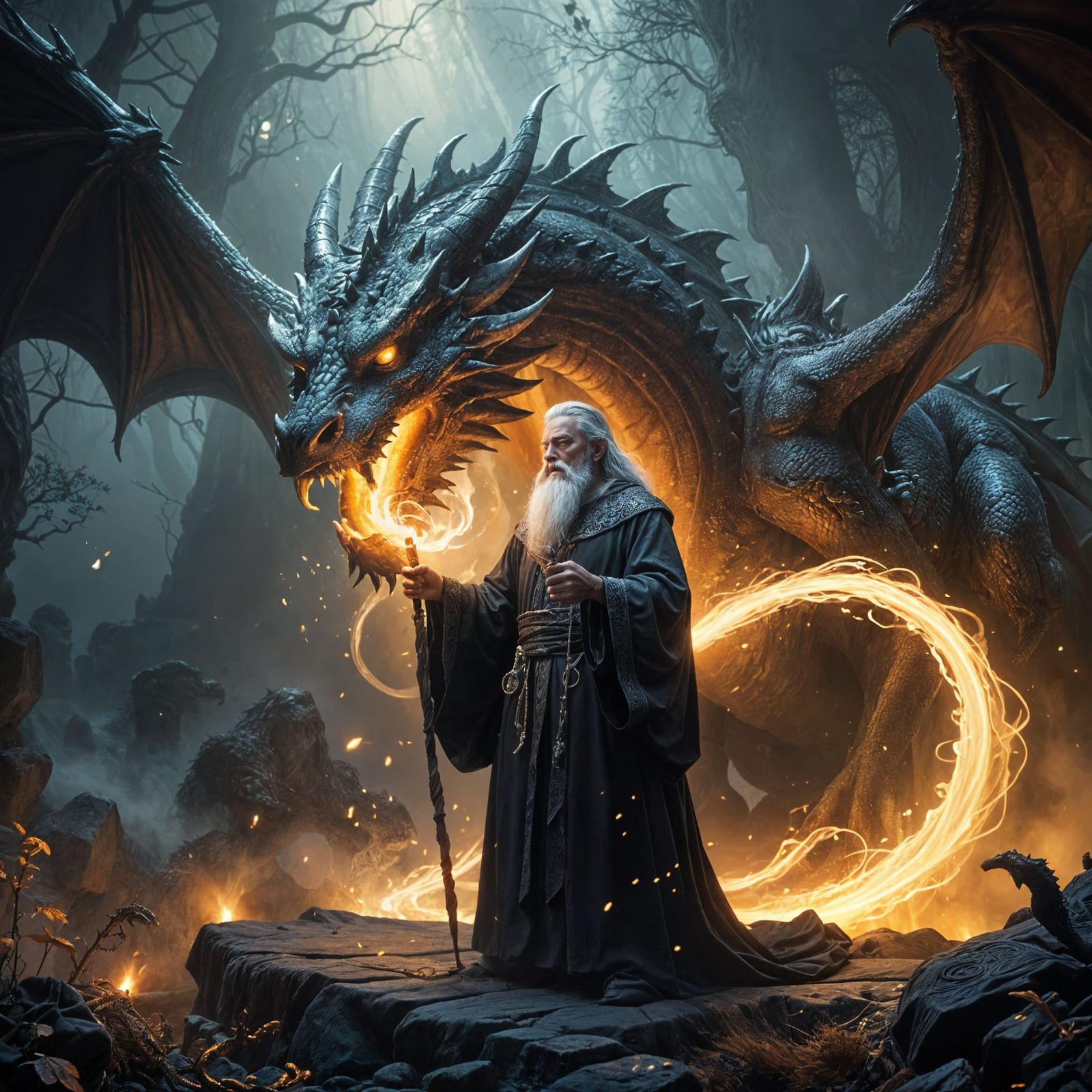 Mystical Wizard Tames a Sleeping Dragon in Hyperrealistic Oi...