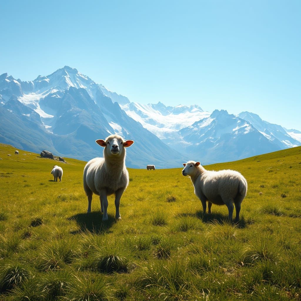 Surreal Alpine Meadow with Curious Sheep and Sparkling Mount...